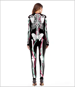 Women's Halloween skeleton jumpsuit with colorful anatomical print and back view design