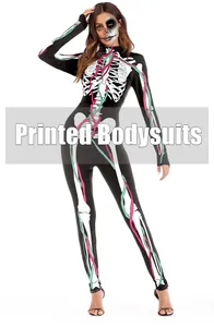 Detailed view of women's Halloween printed bodysuit featuring skeleton and vascular graphics