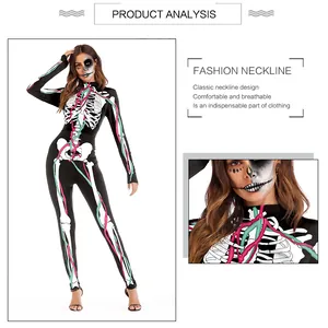 Detail of the high neckline on this women's slim fit skeleton jumpsuit for Halloween