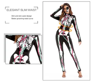 Detail of slim-fit Halloween skeleton jumpsuit with white bones and colored veins