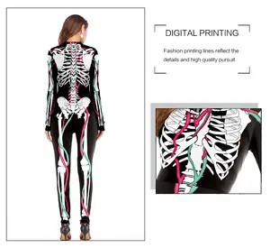 Detail of digital printing on skeleton jumpsuit showing vibrant muscle fiber patterns