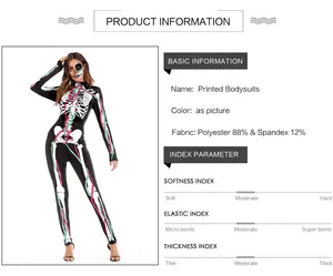 Detail view of skeleton printed bodysuit with fabric material and stretch specifications