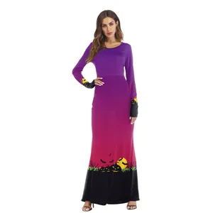 Vestido largo de Halloween para mujer con estampado de calabaza y degradado de color