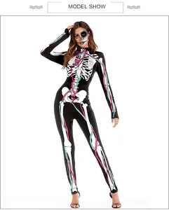 Detail shot of slim-fit skeleton bodysuit with colorful nerve line patterns for Halloween
