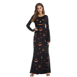 Vestido largo de Halloween para mujer con manga larga y estampados de calabazas naranjas
