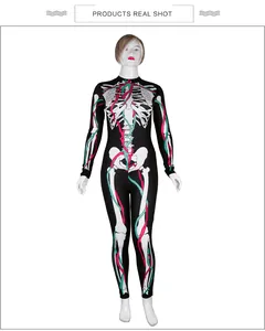 Detail of long sleeve skeleton bodysuit with colorful bone and vascular system prints