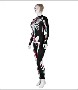 Macro detail of female skeleton jumpsuit showing realistic bone and vascular print