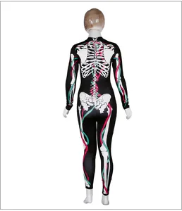 Slim fit skeleton jumpsuit with digital bone print and neon accents for Halloween