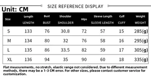 Detailed size chart for tiger print jumpsuit showing S to XL dimensions in centimeters