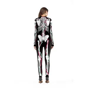 Women's black long sleeve skeleton jumpsuit with neon accents for Halloween party