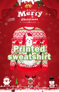 Close-up of festive alpaca print on red Christmas sweatshirt with reindeer patterns
