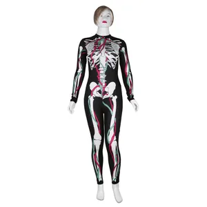 Women's Halloween skeleton bodysuit with pink veins, slim fit long sleeve cosplay costume