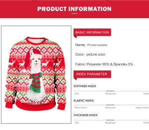 Size chart and fabric details for Christmas alpaca print sweatshirt with 95% polyester blend