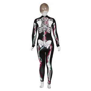 Women's slim Halloween bodysuit with white bone skeleton print and colorful vein details