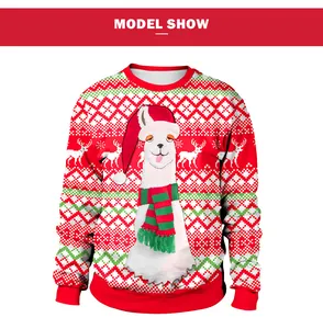 Detail show of Christmas crewneck sweatshirt featuring white llama and snowflake patterns