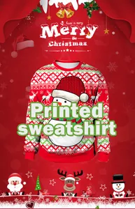 Detail of 3D snowman print on red festive Christmas sweatshirt with reindeer patterns