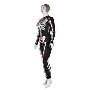 Slim fit skeleton jumpsuit for Halloween party with pink and cyan vein line details