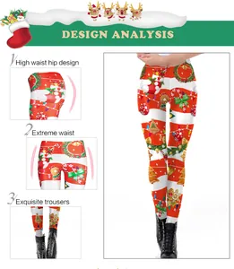 Detail showing high-waisted Christmas leggings with gingerbread and candy cane print