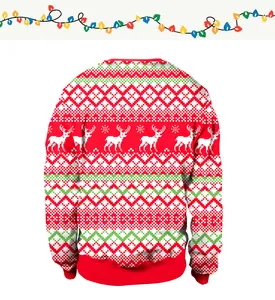 Detailed knit texture of red Christmas sweater featuring reindeer and snowflake patterns