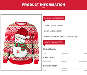 Detail view of snowman 3D print sweater with fabric composition and size guide info