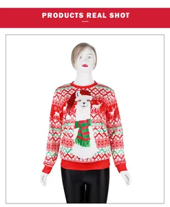 Detail of red Christmas sweatshirt featuring festive llama print and holiday patterns
