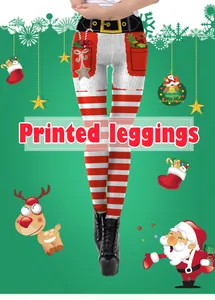 Detail view of festive red and white striped Christmas Santa Claus printed leggings