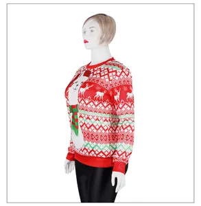 Detail of Christmas alpaca sweater with elk and snowflake patterns and crew neckline