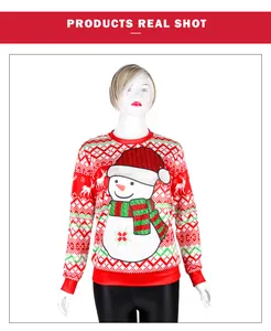 Detail shot of the ribbed neckline and festive snowman 3D print on red winter sweatshirt