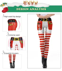 Detail of high waisted Christmas leggings with red white stripes and Santa motifs