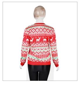 Rear view of festive red Christmas sweatshirt featuring white reindeer and snowflake motifs