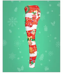 Detailed full print of Christmas leggings featuring red-white stripes and festive ornaments