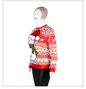 Close-up of snowman 3D digital print on red long sleeve Christmas sweatshirt fabric
