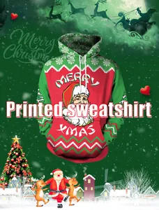 Dettaglio della stampa di Babbo Natale e scritta Merry Xmas su felpa verde con cappuccio