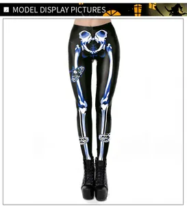 Macro detail of skeleton bone print on stretchy black Halloween leggings for women