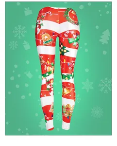 Close-up of festive Christmas leggings with candy canes and gingerbread man prints