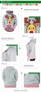 Detail view of Christmas hoodie featuring reindeer print and pink contrasting trim design