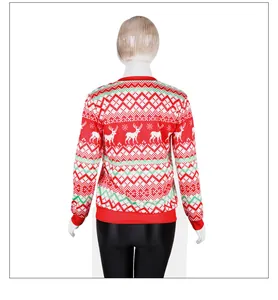 Back view detail of Christmas crewneck sweater with red reindeer and snowflake patterns