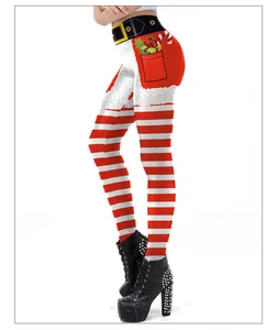 Detail of Christmas leggings showing red stripes and Santa belt print on elastic waist