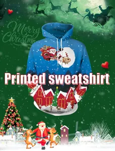 Detail of Christmas hoodie featuring festive Santa, reindeer, and snow village digital prints