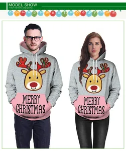 Matching Christmas hoodies with deer print and pink contrast pocket for couples