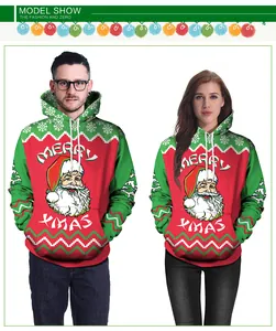 Felpa con cappuccio natalizia con stampa Babbo Natale e scritta Merry Xmas in rosso e verde