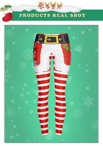 Detail of festive Christmas leggings with candy cane stripes and Santa belt print