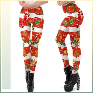 Women's Christmas Printed Leggings Red White Striped High Waist Skinny Pants Holiday Party Xmas Trousers Polyester Spandex