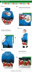 Close-up of pixelated Santa Claus and reindeer print on blue Christmas hoodie