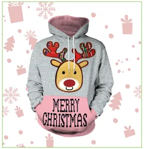 Detail of Christmas hoodie with reindeer print and pink Merry Christmas kangaroo pocket