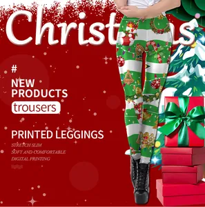 Detail of Christmas printed leggings with candy canes and gingerbread man pattern