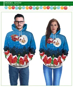 Detail of 3D digital printed hoodie with Santa Claus on sled and snowy house scene