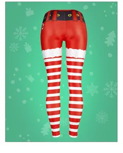 Close-up of high-elasticity Santa Claus belt design on red and white striped leggings