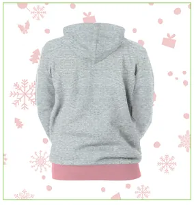 Detail of grey hoodie featuring pink ribbed hem and Christmas illustration background