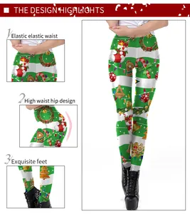Detail of Christmas digital print leggings showing high waist and elastic ankle cuffs